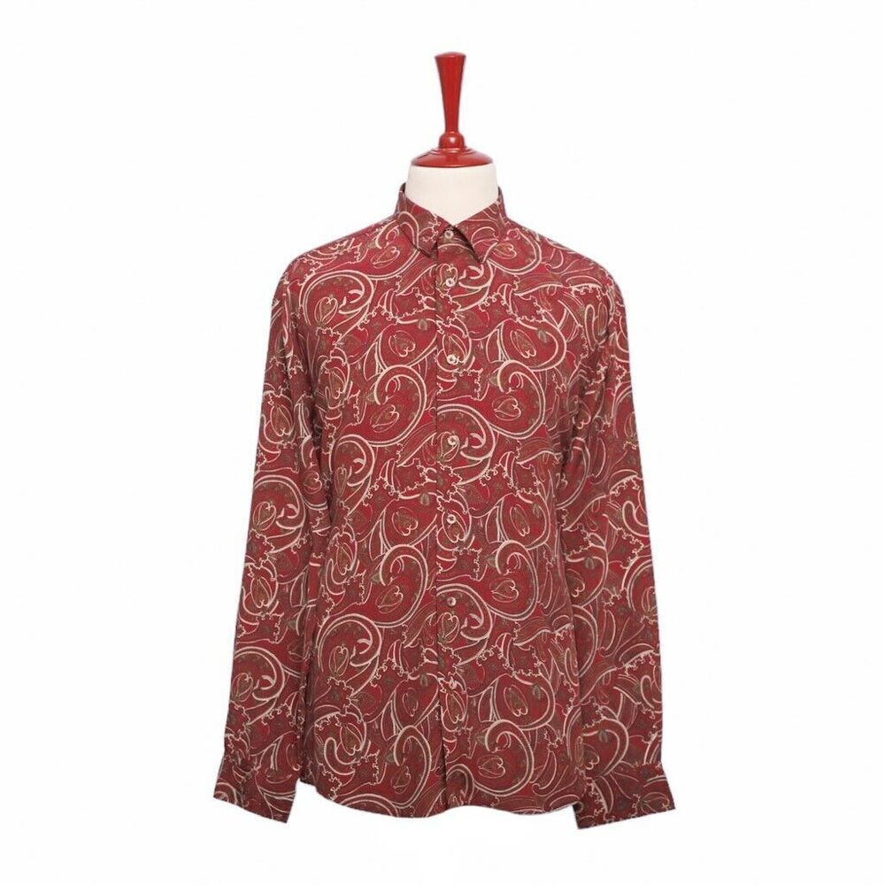 Mens Silk Shirt Button Up Red Paisley Abstract Tropical Hawaiian Beach Casual XL